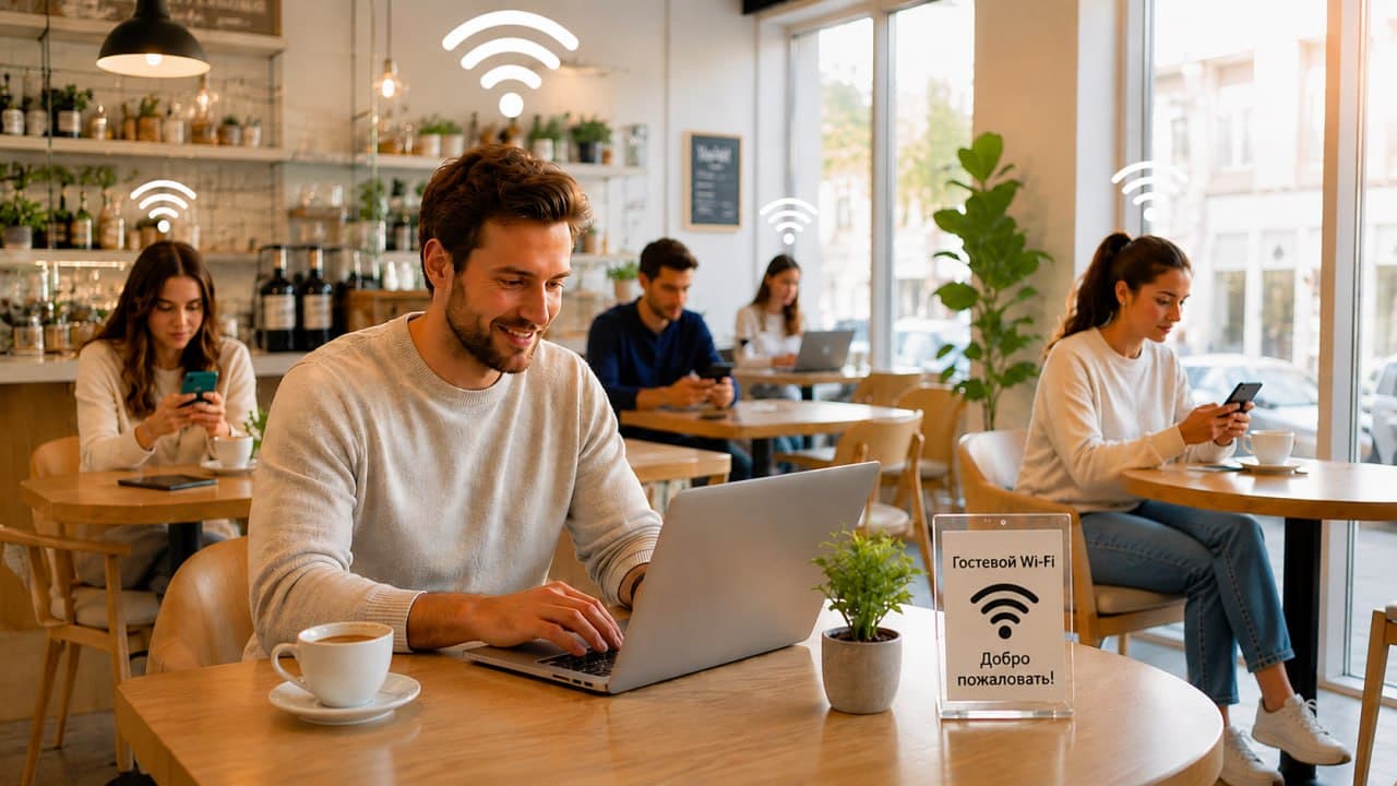 Люди сидят в кафе и подключаются к Wi-Fi