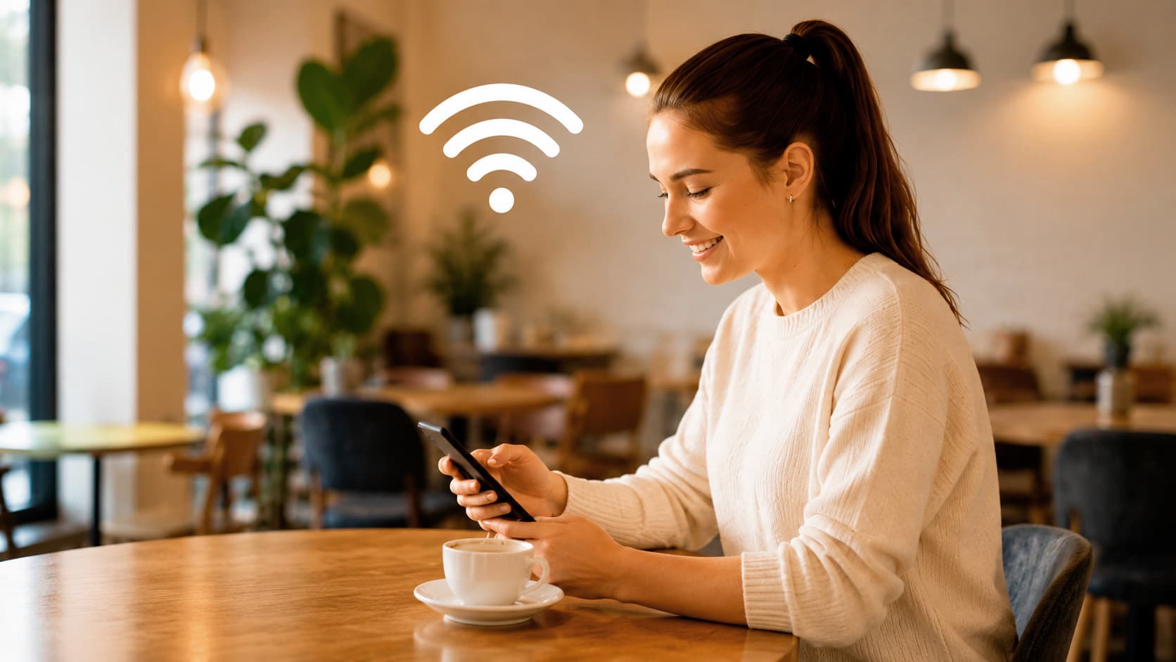 Девушка подключается к Wi-Fi в кафе
