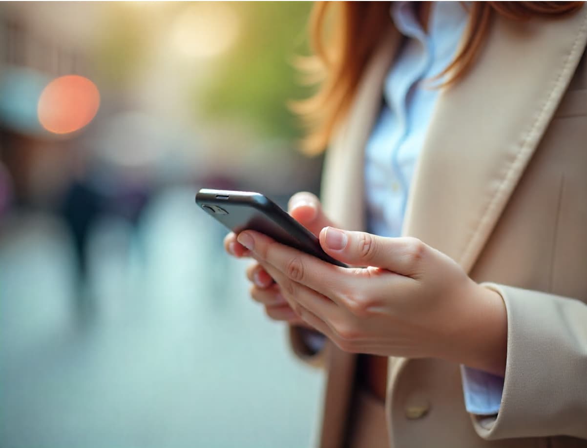 девушка держит мобильный телефон в руках